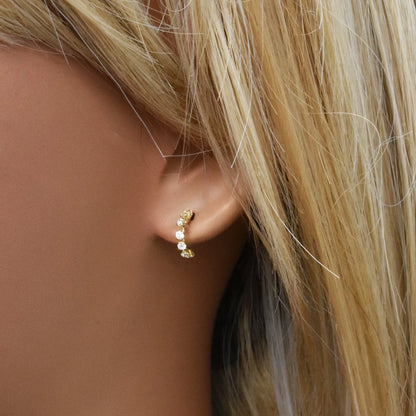 14 Karat Yellow Gold Semi Hoop Clear CZ Screw Back Earrings