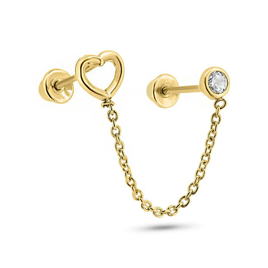 14 Karat Yellow Gold Double Piercing Heart Outline and Round Clear CZ Screw Back Earrings