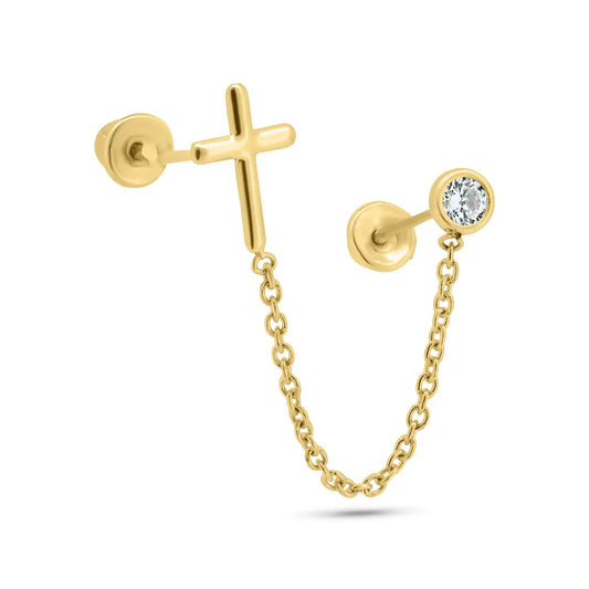 14 Karat Yellow Gold Double Piercing Cross and Round Clear CZ Screw Back Earrings