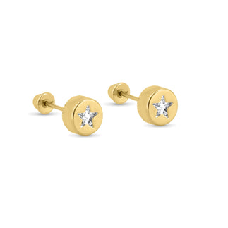 14 Karat Yellow Gold Round Star Clear, Black, Red or Pink CZ Screw Back Earrings