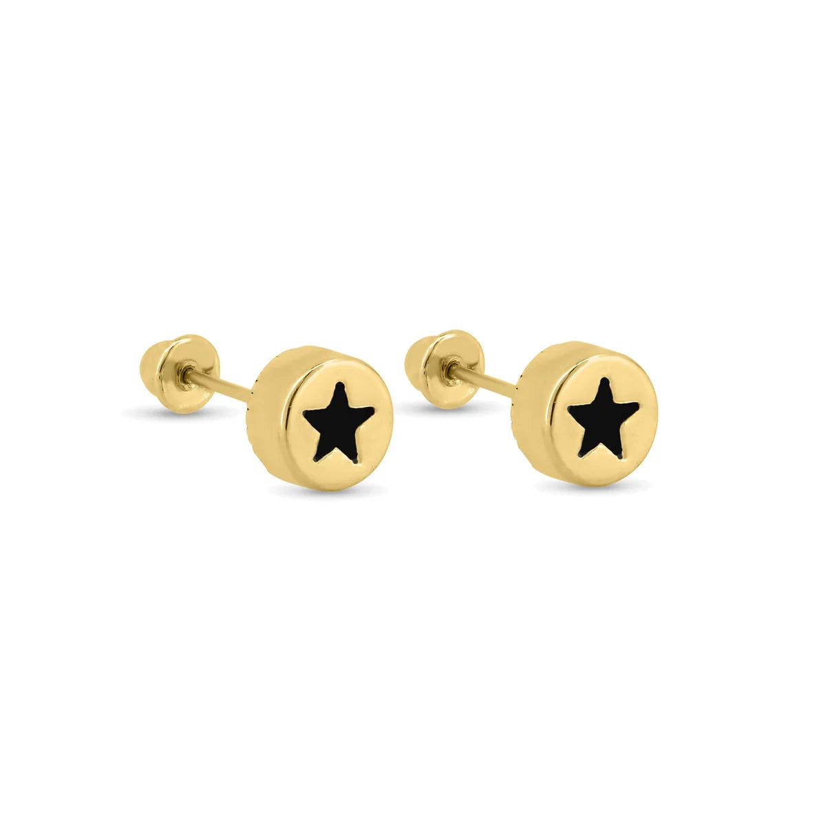 14 Karat Yellow Gold Round Star Clear, Black, Red or Pink CZ Screw Back Earrings