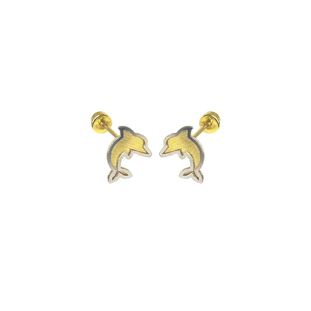 14 Karat 2 Toned Dolphin Screw Back Earrings