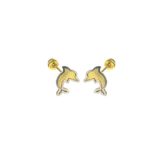 14 Karat 2 Toned Dolphin Screw Back Earrings