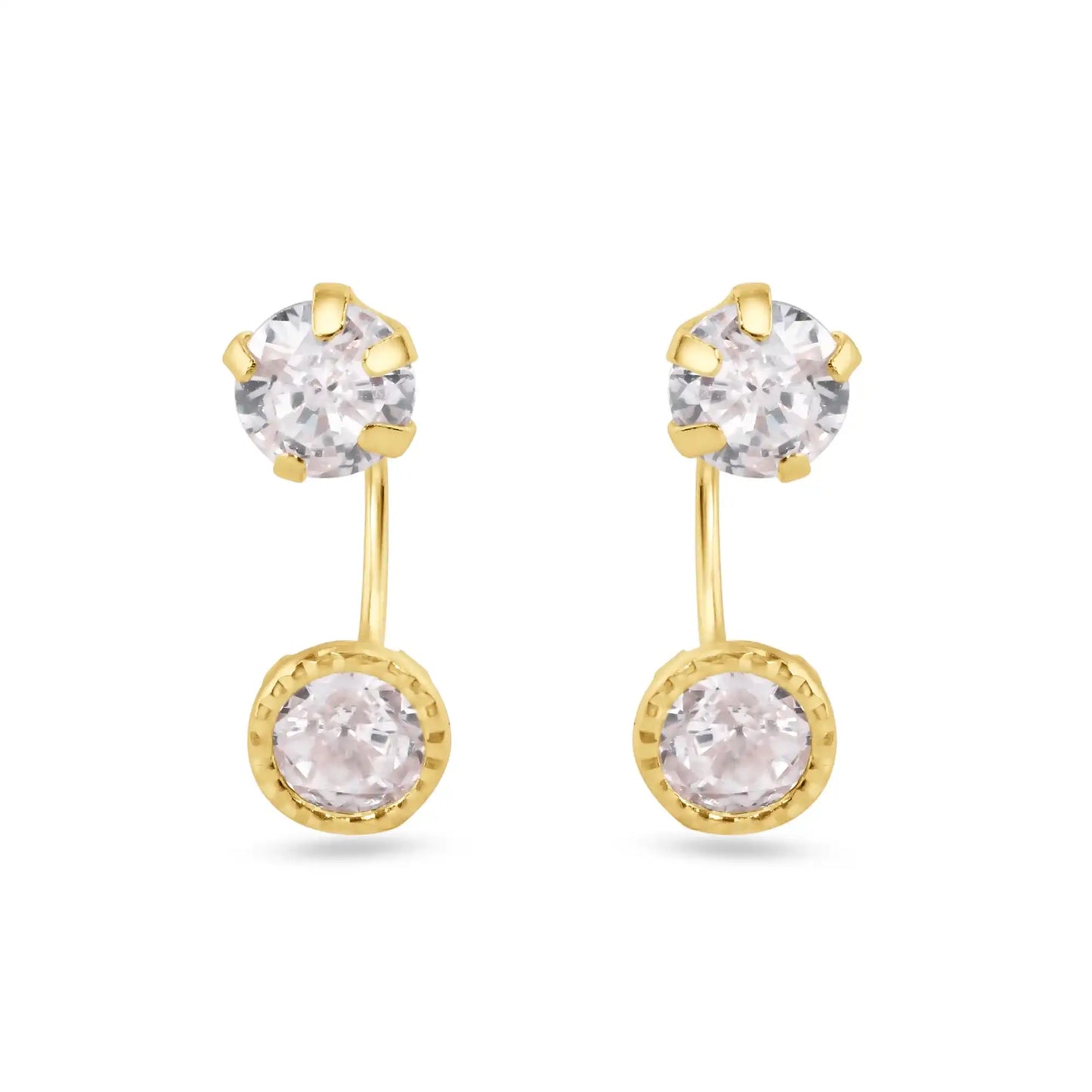 14 Karat Yellow Gold Diamond Cut Clear CZ Telephone Style Front Screw Lock Earrings