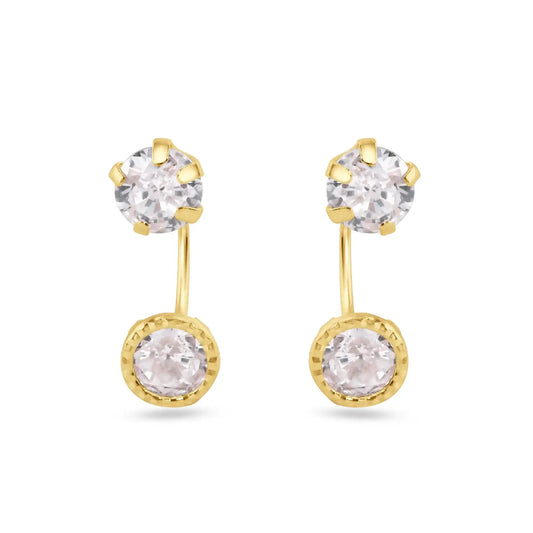 14 Karat Yellow Gold Diamond Cut Clear CZ Telephone Style Front Screw Lock Earrings