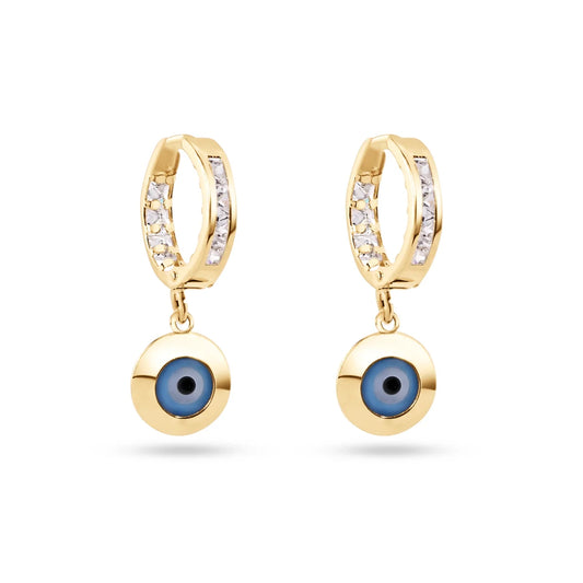 14 Karat Yellow Gold Dangling Evil Eye Clear CZ 11.5mm Hoop Earrings