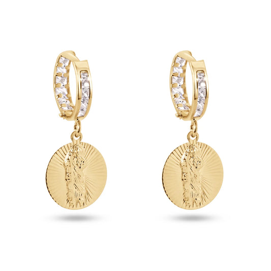 14 Karat Yellow Gold Diamond Cut Dangling Saint Jude Clear CZ 12mm Hoop Earrings