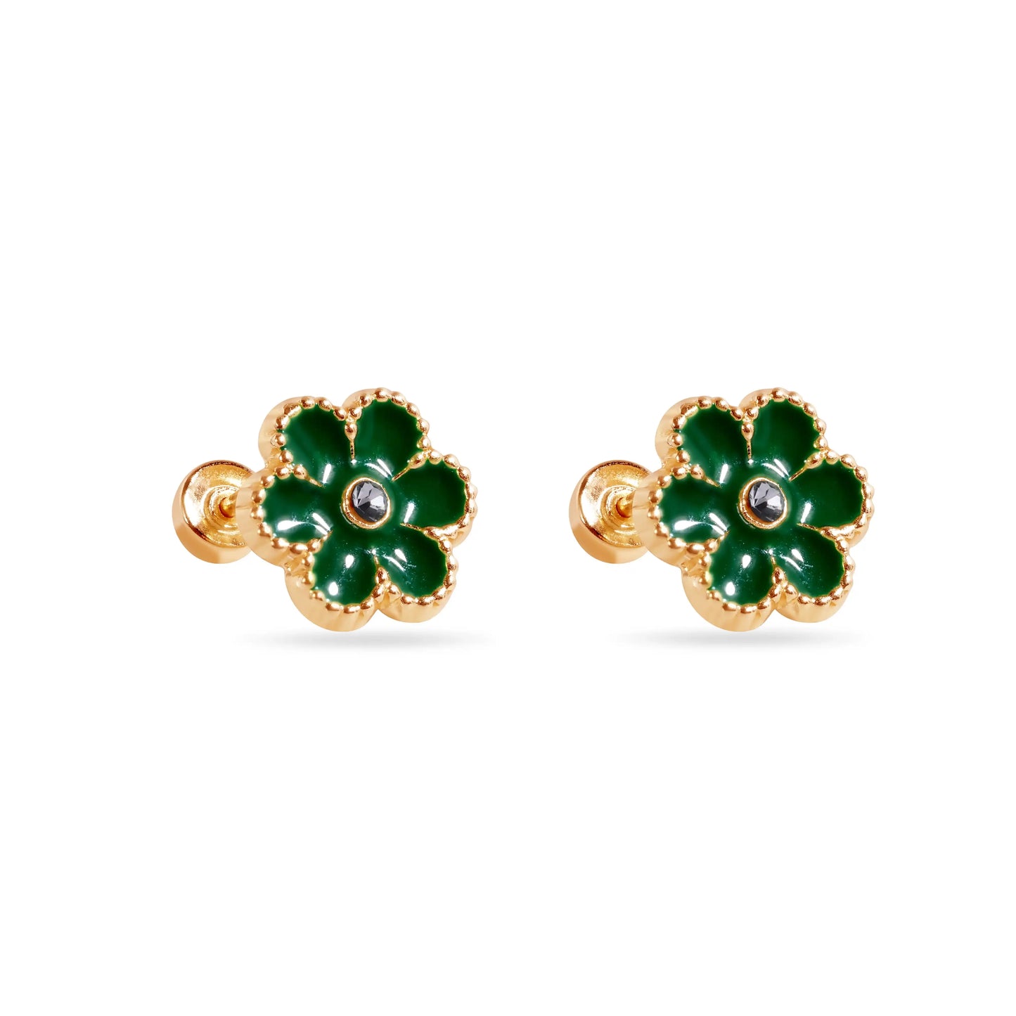 14 Karat Green Flower Enamel 8.5mm Clear CZ Screw Back Earrings