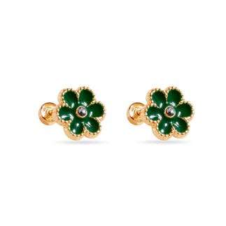 14 Karat Green Flower Enamel 8.5mm Clear CZ Screw Back Earrings