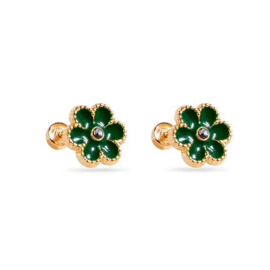 14 Karat Green Flower Enamel 8.5mm Clear CZ Screw Back Earrings
