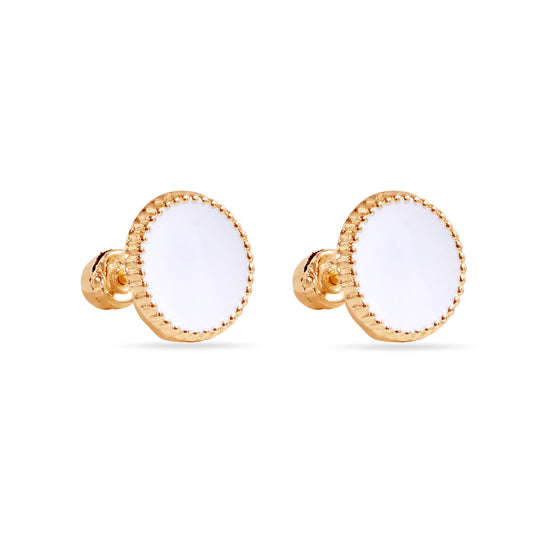 14 Karat WHITE - White Circular Enamel 8.3mm Screw Back Earrings