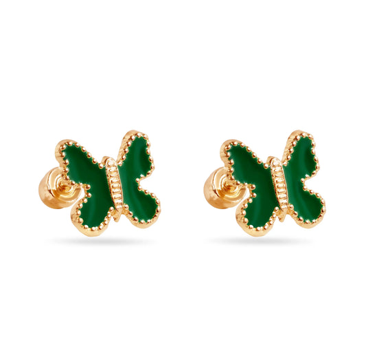 14 Karat Green Butterfly Enamel 8mm Screw Back Earrings
