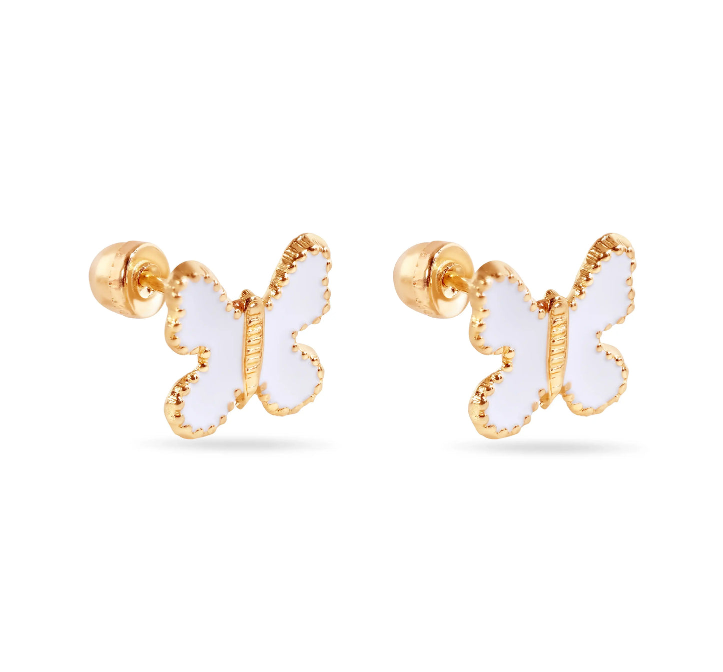 14 Karat White Butterfly Enamel 8mm Screw Back Earrings