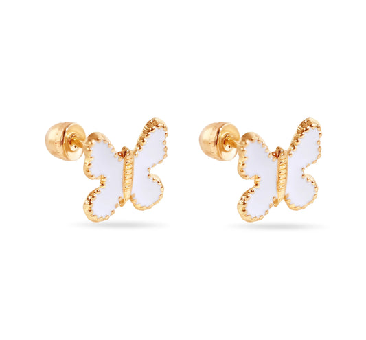 14 Karat White Butterfly Enamel 8mm Screw Back Earrings