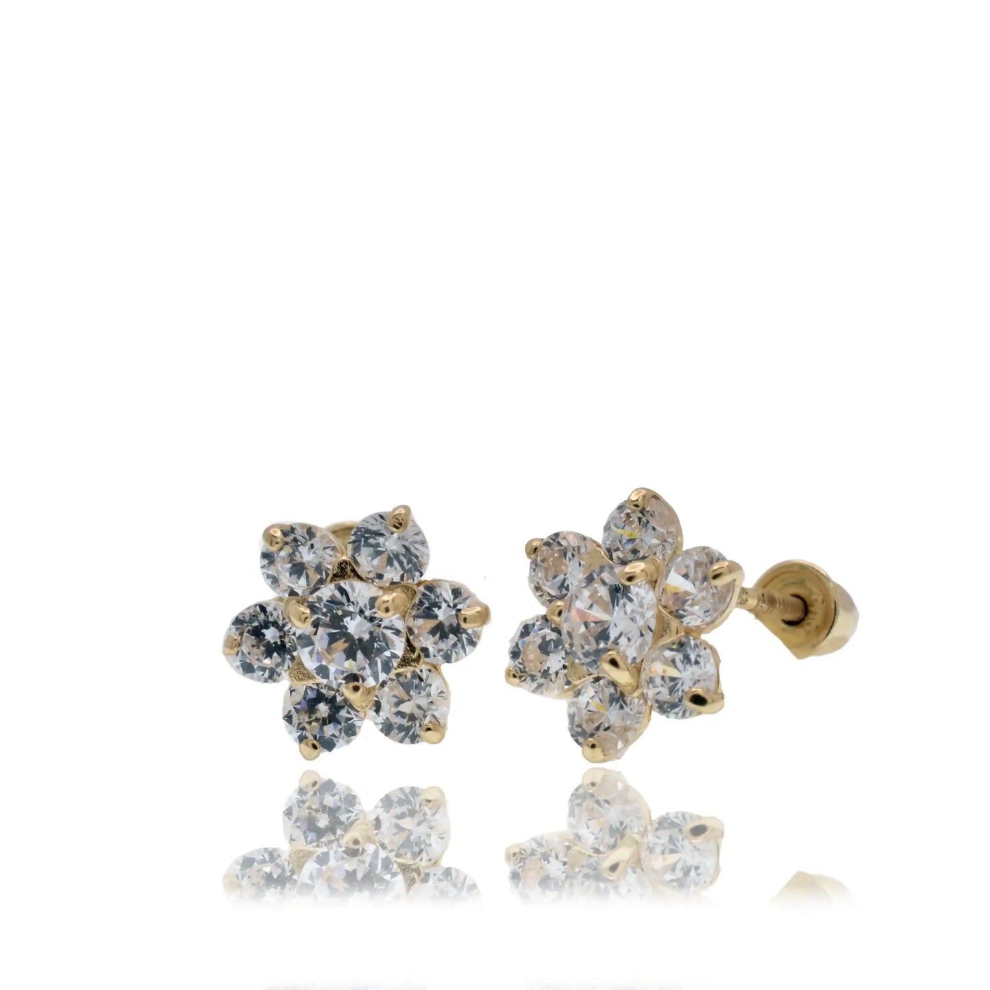 14 Karat Yellow Gold Flower Clear CZ 7.6mm Screw Back Earring