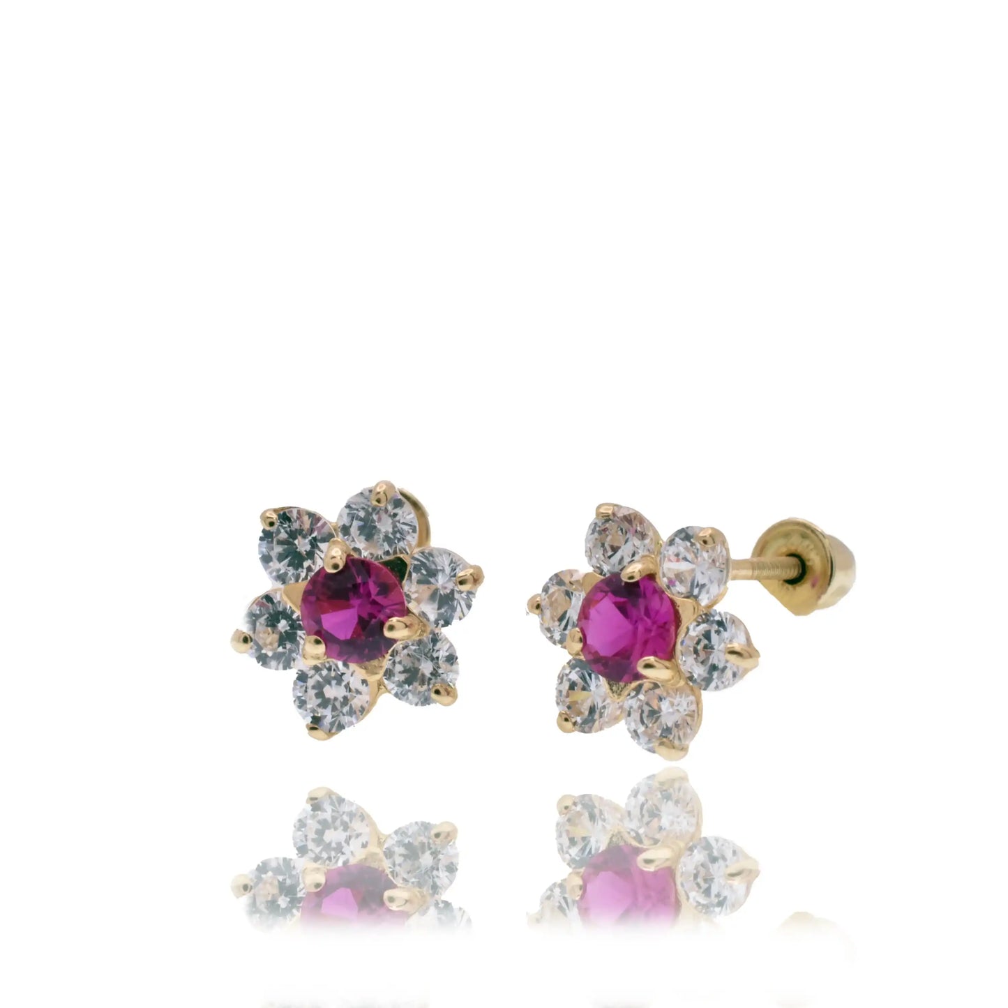 14 Karat Yellow Gold Flower Red and Clear CZ 7.6mm Screw Back Earring