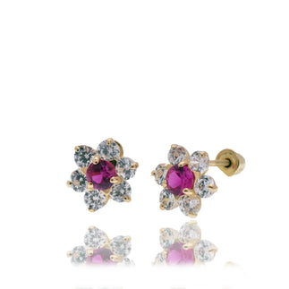 14 Karat Yellow Gold Flower Red and Clear CZ 7.6mm Screw Back Earring