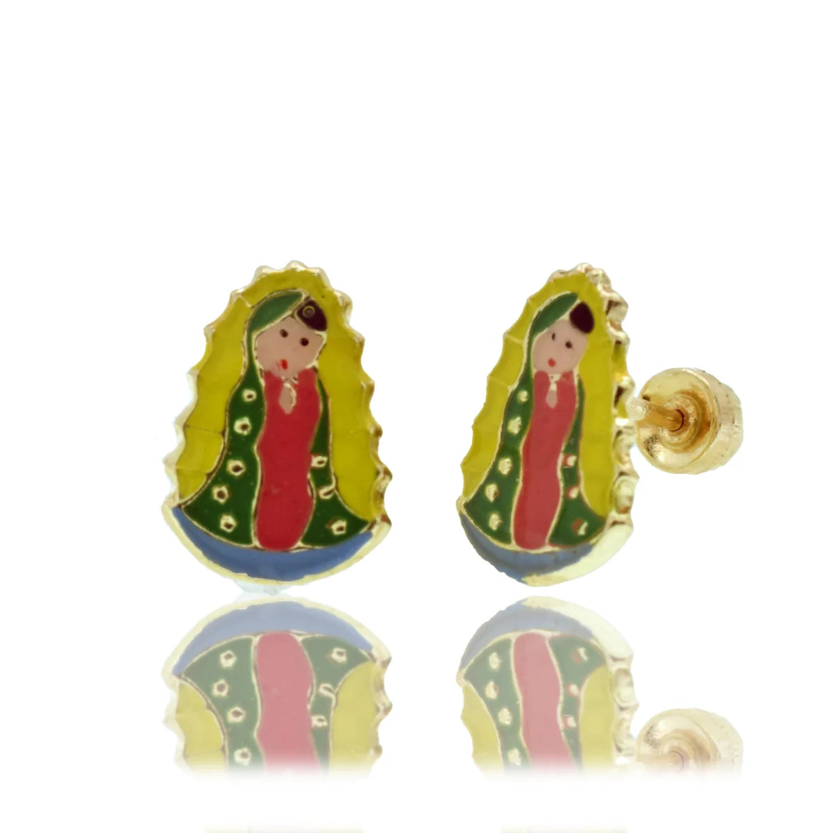 14 Karat Yellow Gold 6.8mm x 9.5mm Omega Enamel Our Lady of Guadalupe Back Earring