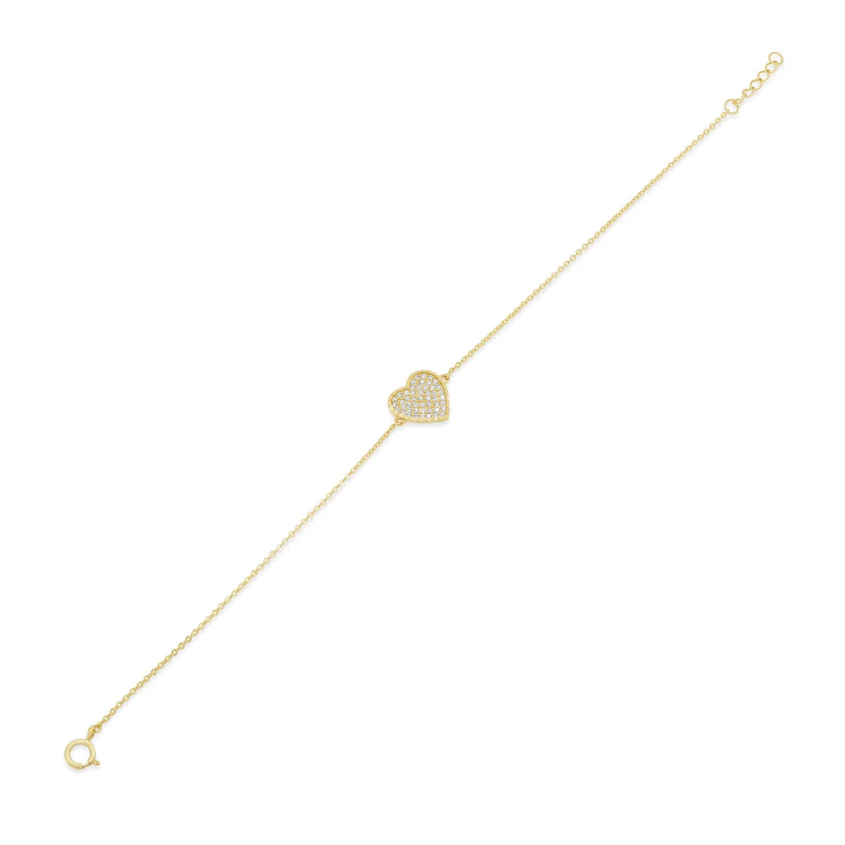 14 Karat Yellow Gold Diamond Cut Heart Studded CZ Charm Adjustable Bracelet