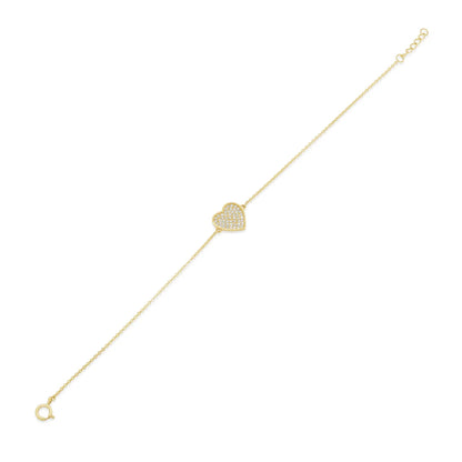 14 Karat Yellow Gold Diamond Cut Heart Studded CZ Charm Adjustable Bracelet