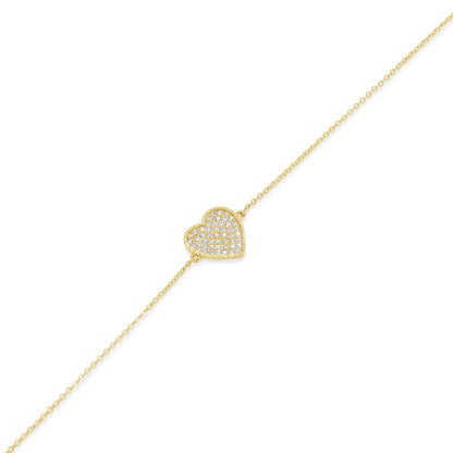 14 Karat Yellow Gold Diamond Cut Heart Studded CZ Charm Adjustable Bracelet