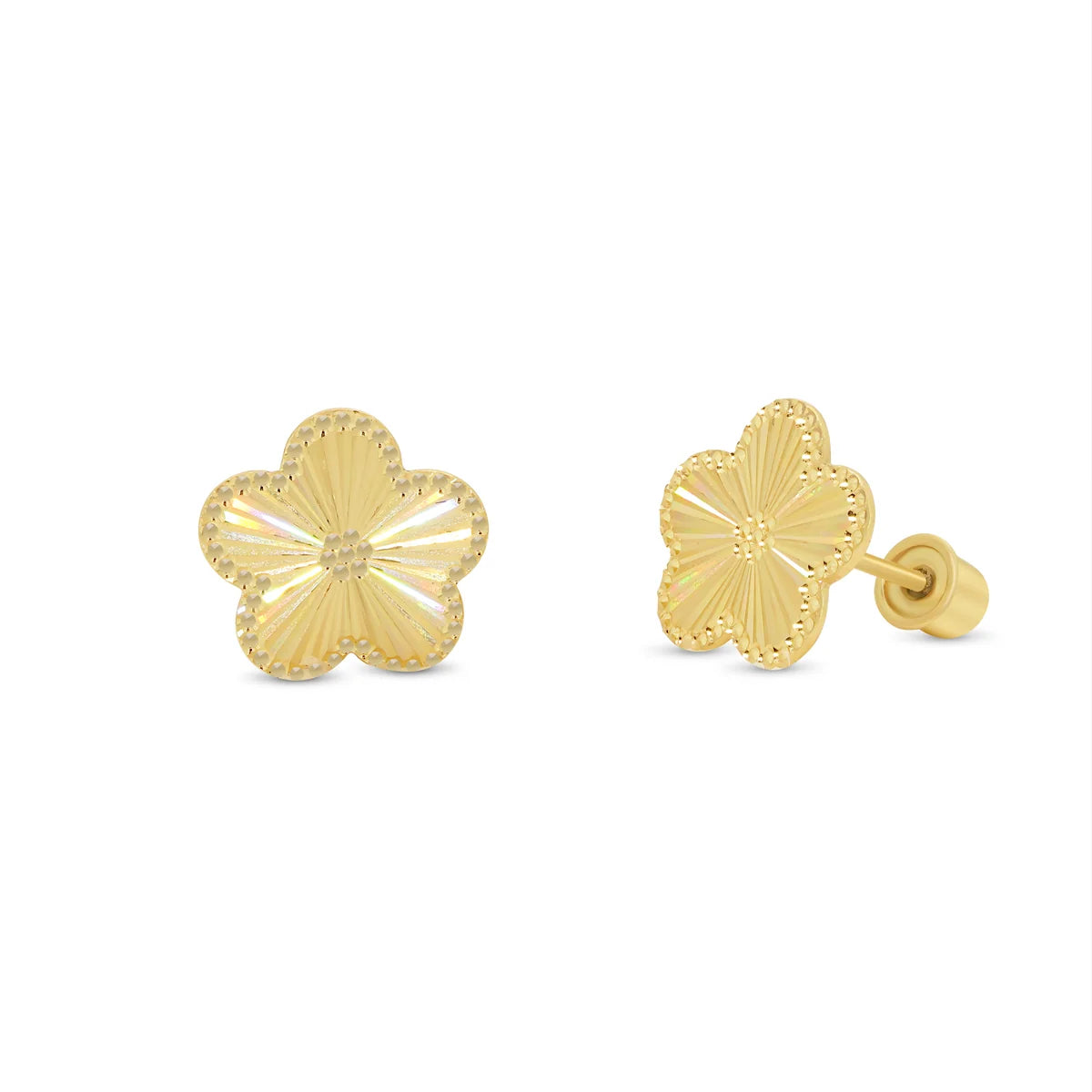 14 Karat Yellow Gold Diamond Cut Iridescent Flower Earrings