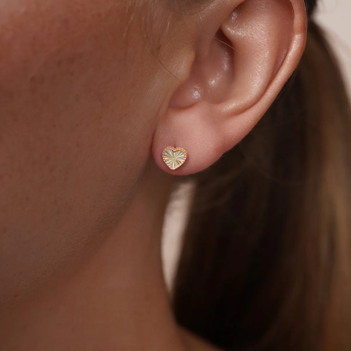 14 Karat Yellow Gold Beaded & Iridescent Diamond Cut Heart Earrings