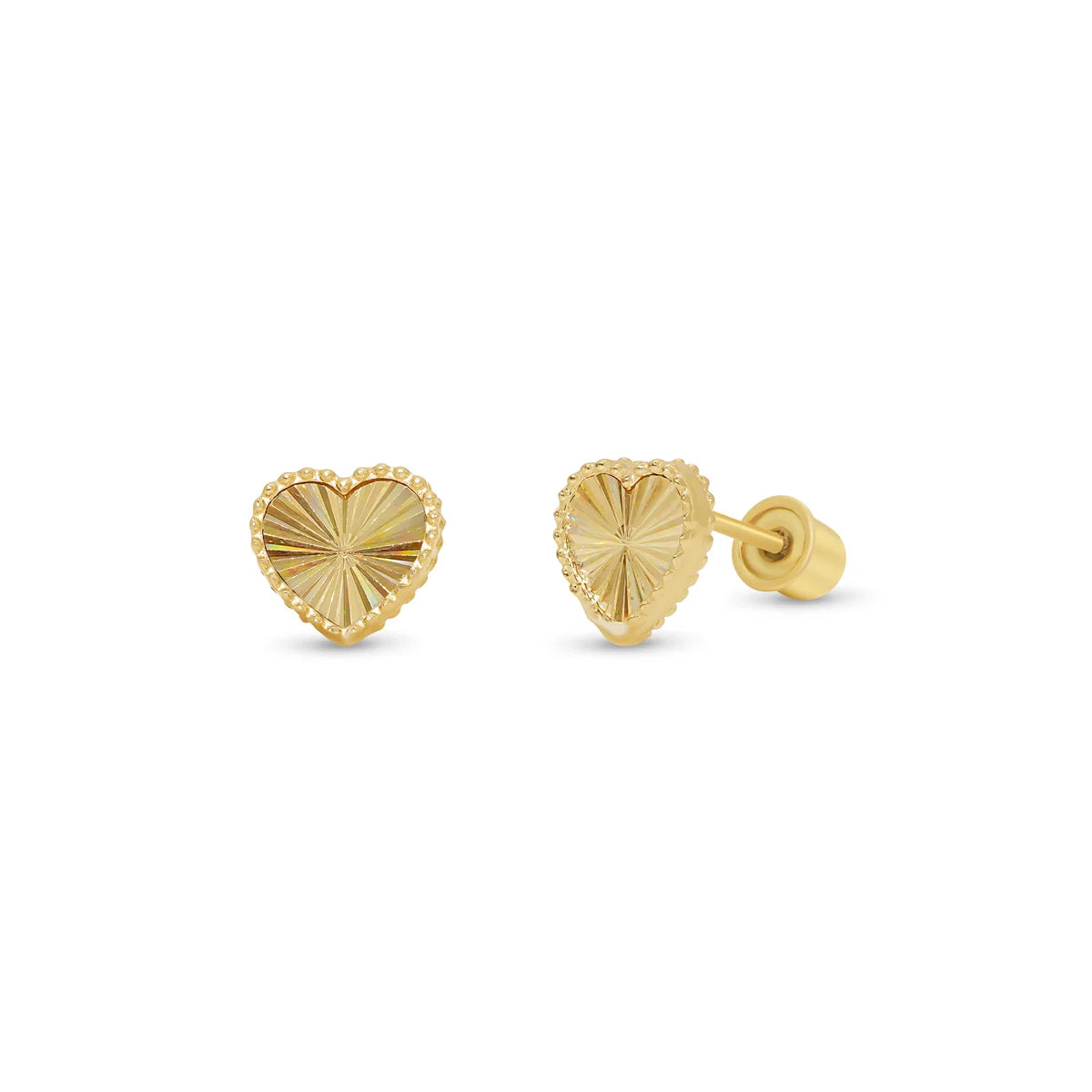 14 Karat Yellow Gold Beaded & Iridescent Diamond Cut Heart Earrings