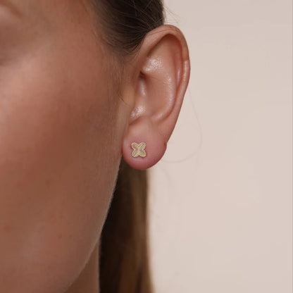 14 Karat Yellow Gold Beaded & Iridescent Diamond Cut Clover Earrings