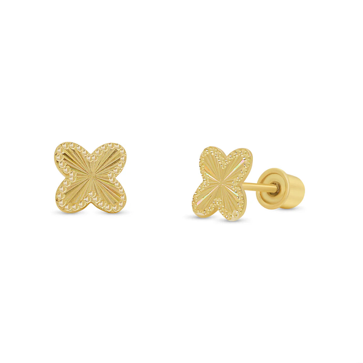 14 Karat Yellow Gold Beaded & Iridescent Diamond Cut Clover Earrings