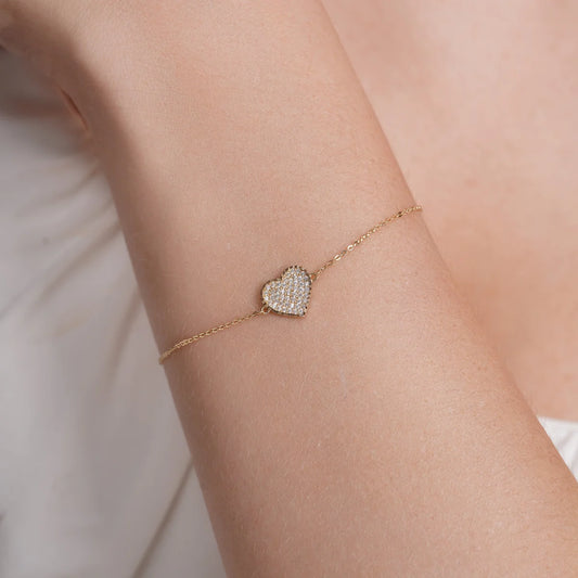 14 Karat Yellow Gold Diamond Cut Heart Studded CZ Charm Adjustable Bracelet