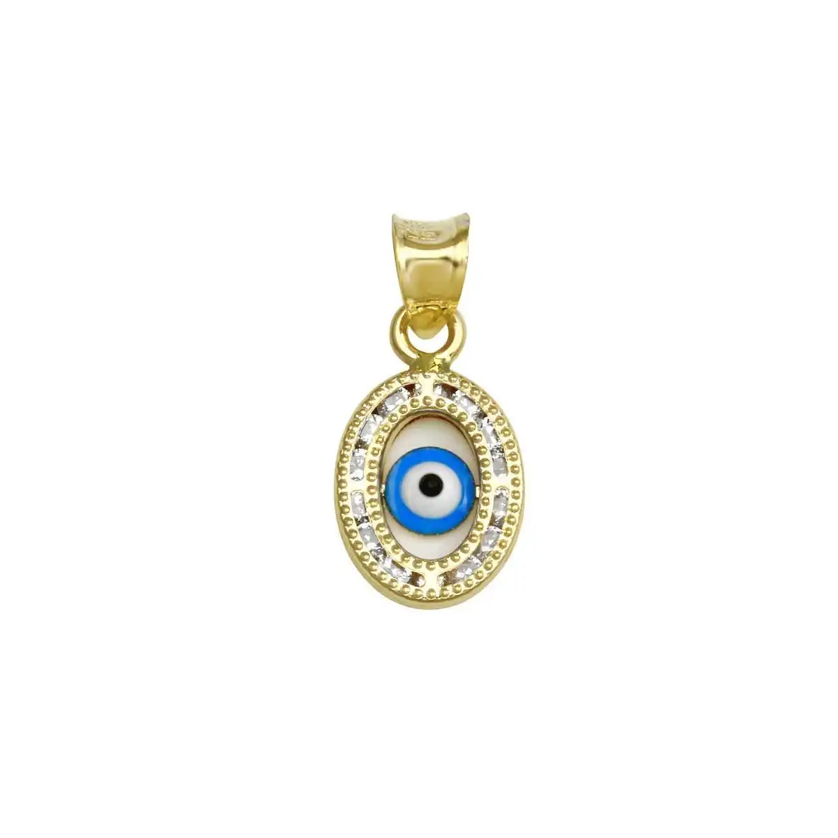 14 Karat Yellow Gold CZ Oval Disc Evil Eye Pendant