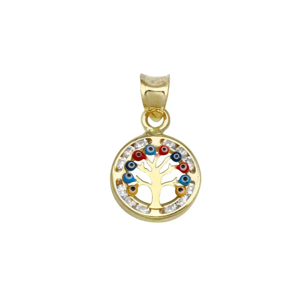 14 Karat Yellow Gold CZ Disc Evil Eyes Tree Pendant