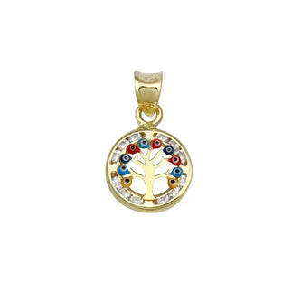 14 Karat Yellow Gold CZ Disc Evil Eyes Tree Pendant