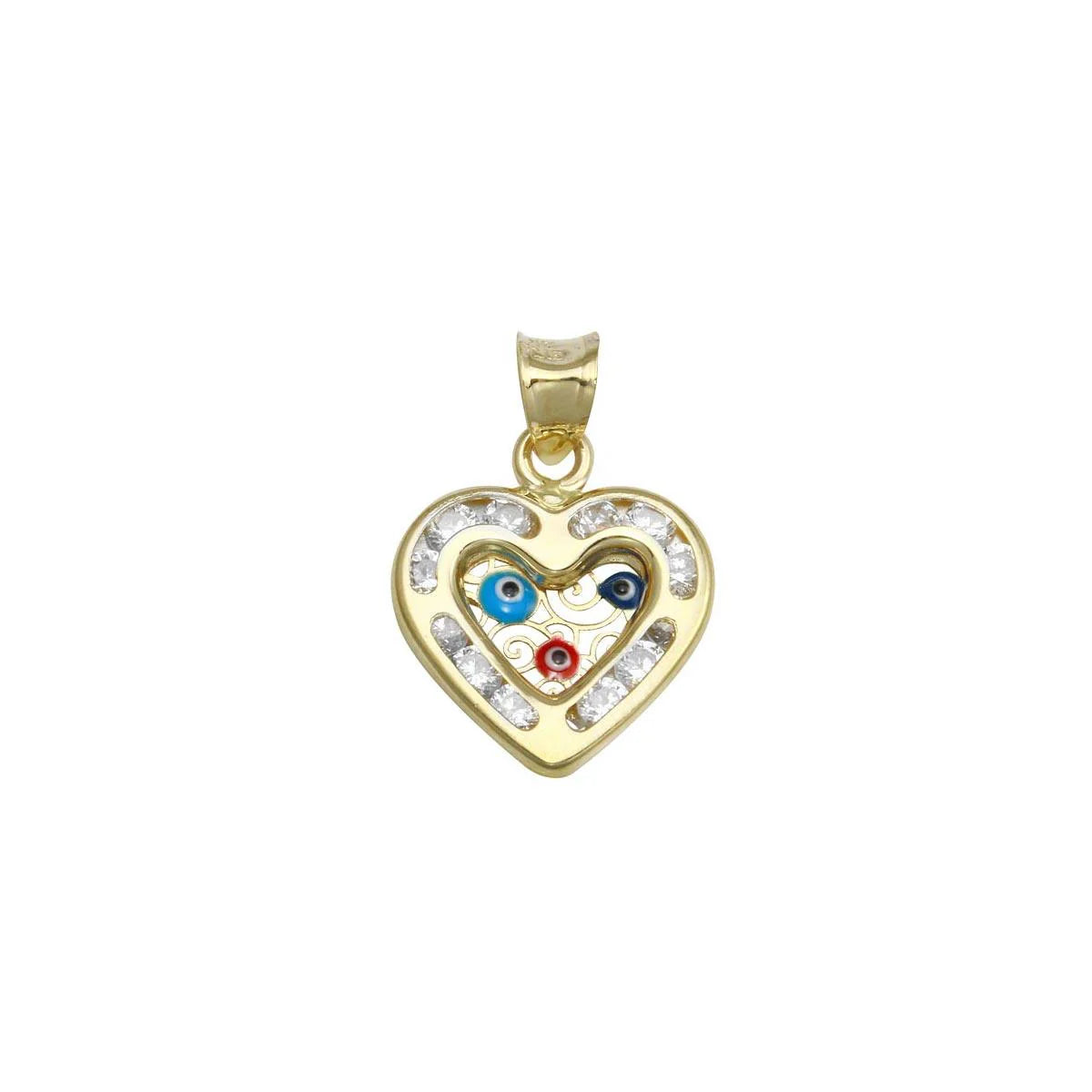 14 Karat Yellow Gold CZ Heart Evil Eyes Pendant