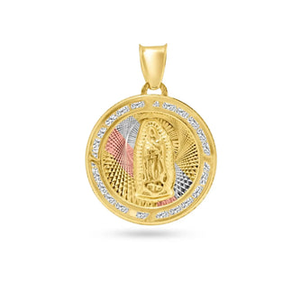 14 Karat Yellow Gold 3 Tone 18.3mm Diamond Cut CZ Guadalupe Pendant