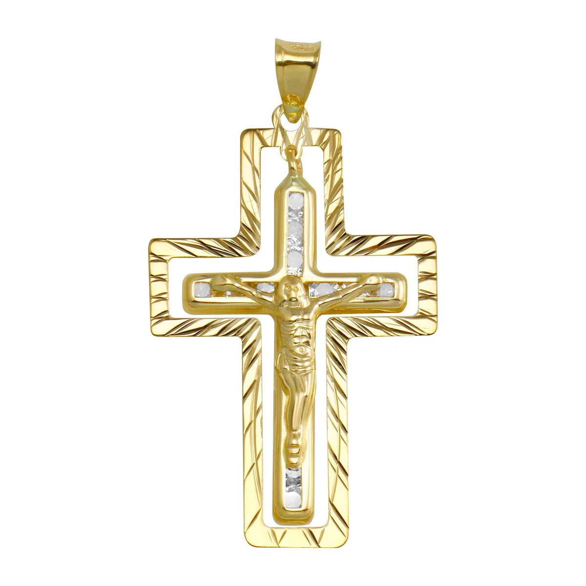 14 Karat Yellow Gold CZ Double Cross Pendant