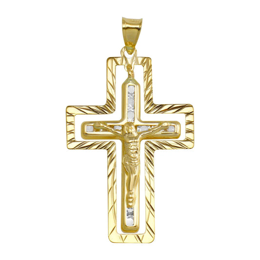 14 Karat Yellow Gold CZ Double Cross Pendant