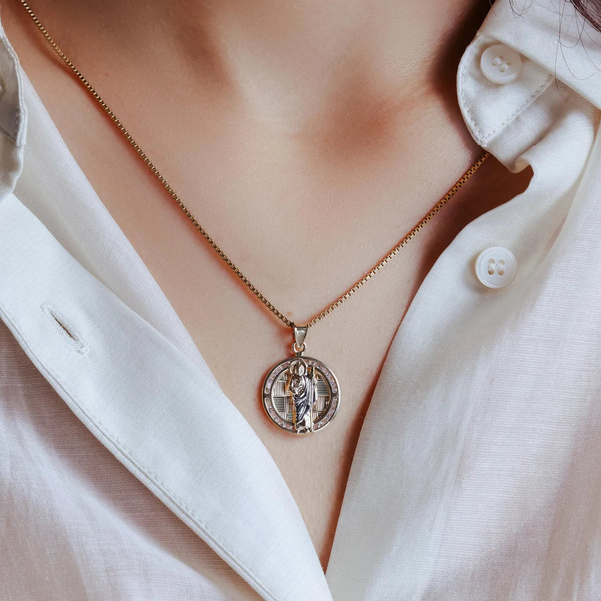 14 Karat Yellow Gold St Jude Clear CZ Diamond Cut Round Pendant