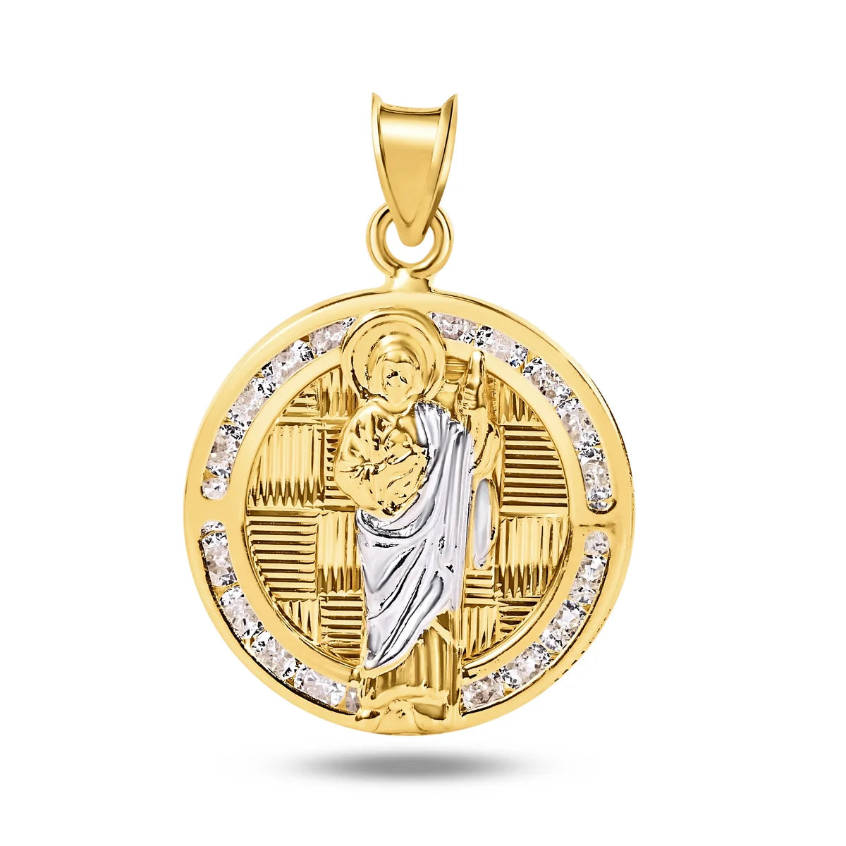 14 Karat Yellow Gold St Jude Clear CZ Diamond Cut Round Pendant