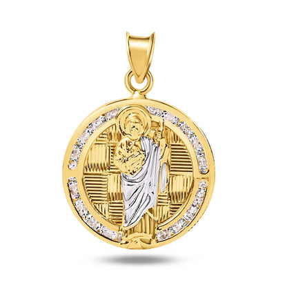 14 Karat Yellow Gold St Jude Clear CZ Diamond Cut Round Pendant