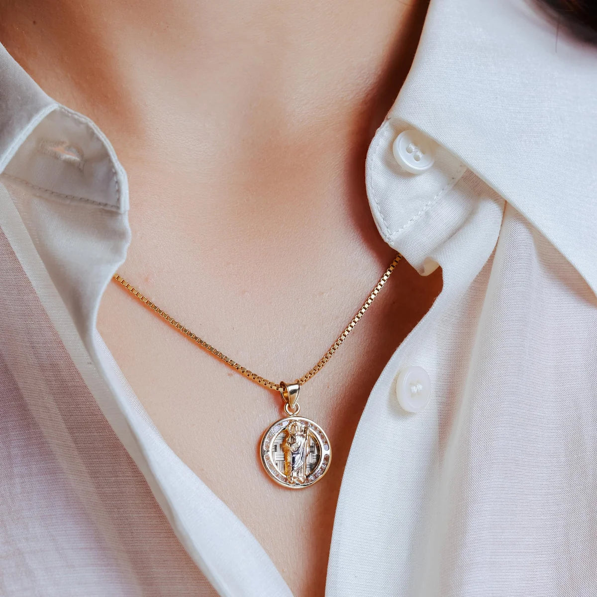 14 Karat Yellow Gold St Jude Clear CZ Diamond Cut Round Pendant