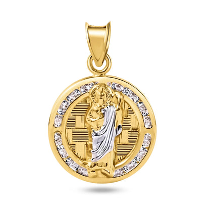 14 Karat Yellow Gold St Jude Clear CZ Diamond Cut Round Pendant