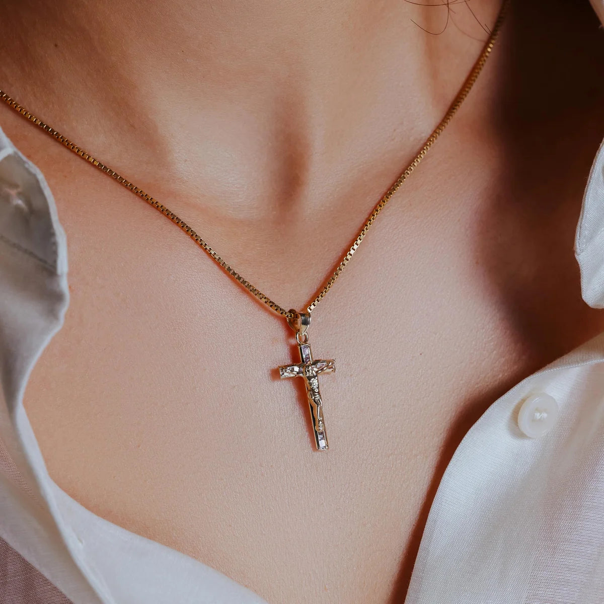 14 Karat Yellow Gold Crucifix Clear CZ Pendant