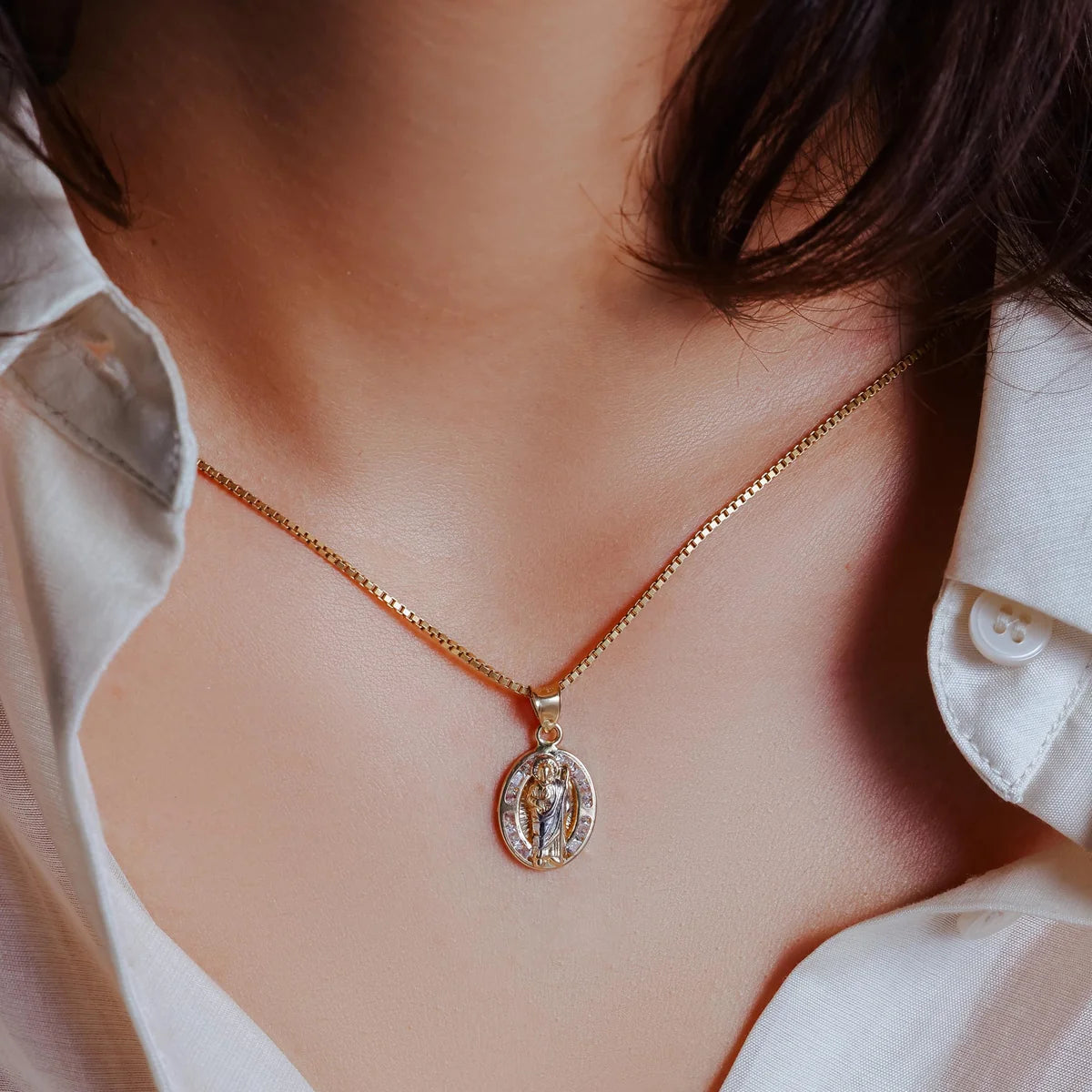 14 Karat Yellow Gold St Jude Two Tone Clear CZ Pendant