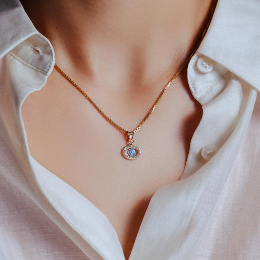 14 Karat Yellow Gold Beaded Evil Eye Clear CZ Pendant