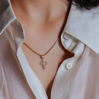14 Karat Yellow Gold Beaded Cross Heart Cutout Clear CZ Pendant