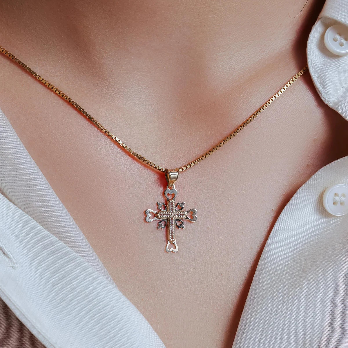 14 Karat Yellow Gold Beaded Cross Heart Cutout Clear CZ Pendant