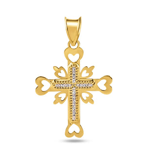 14 Karat Yellow Gold Beaded Cross Heart Cutout Clear CZ Pendant