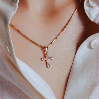 14 Karat Yellow Gold Beaded Bordered Cross Clear CZ Pendant